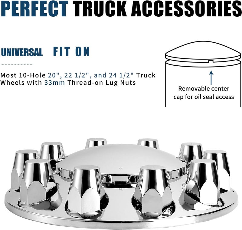 Wehymne Axle Wheel Covers for Semi Truck - 2 Front Hub Covers with 33mm Thread-On Chrome Lug Nut Covers for Semi Truck (Installation Tool Included) - Image 4